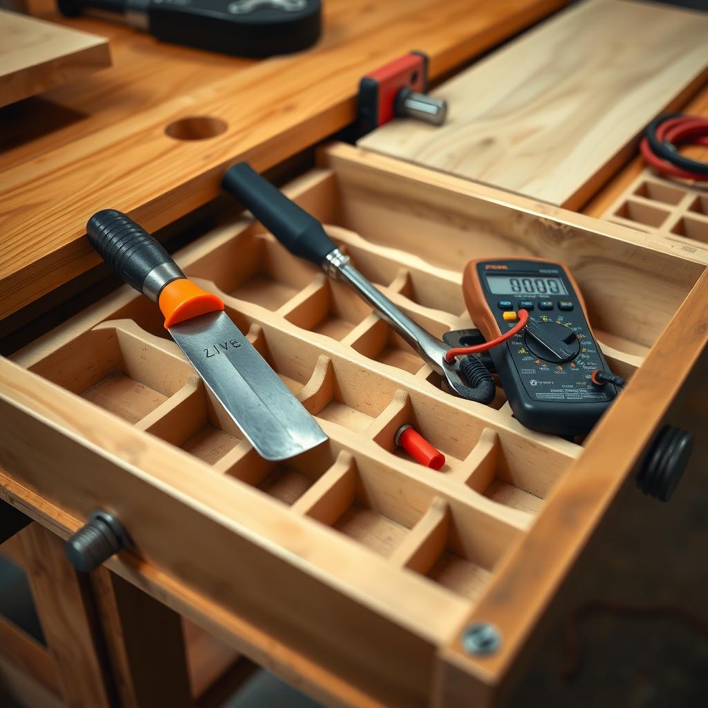 Open workbench drawer with chisel set, pipe wrench, and multimeter in a workshop.
