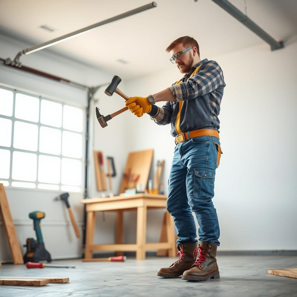 Worker in PPE hammering a nail in an organized workspace.