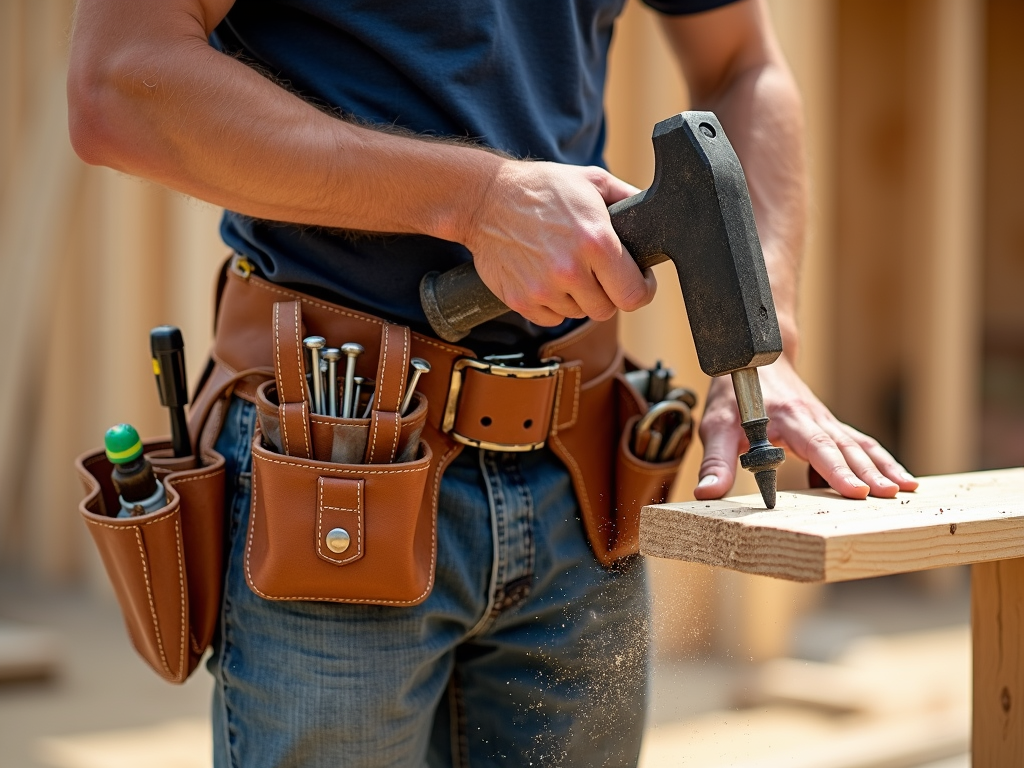 Carpenter with leather tool belt