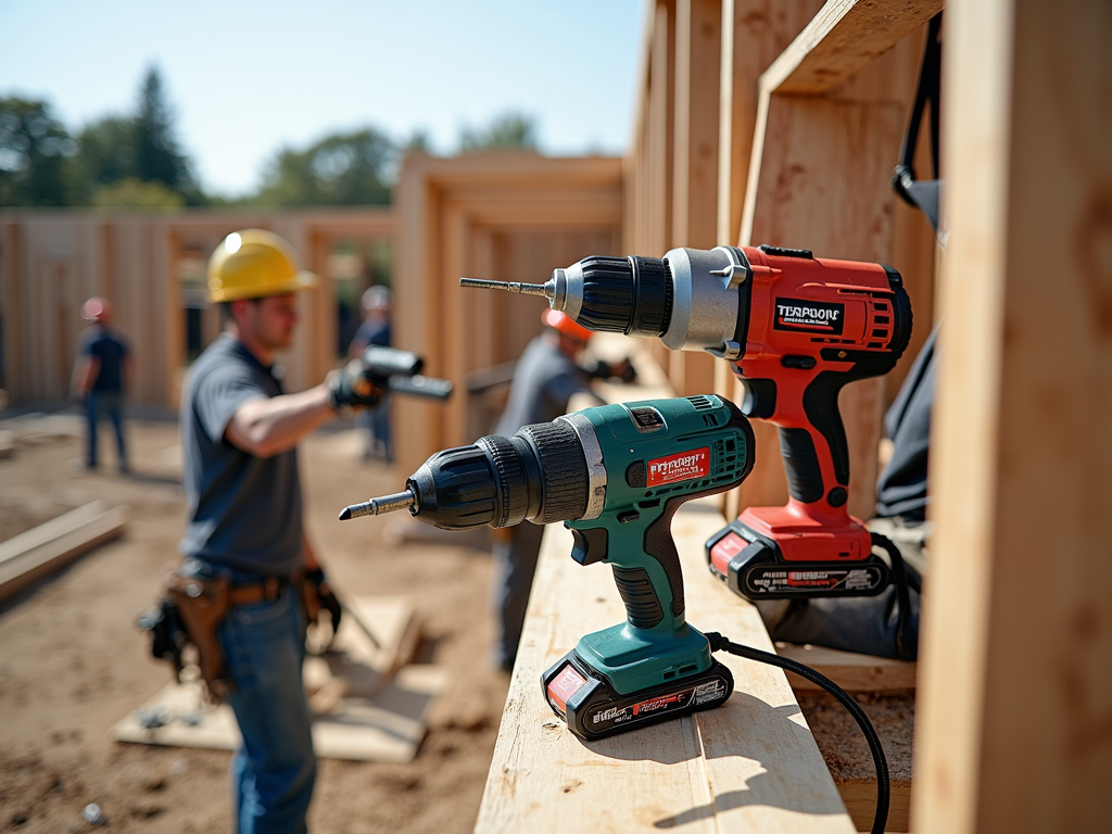 Workers using power tools on a construction site