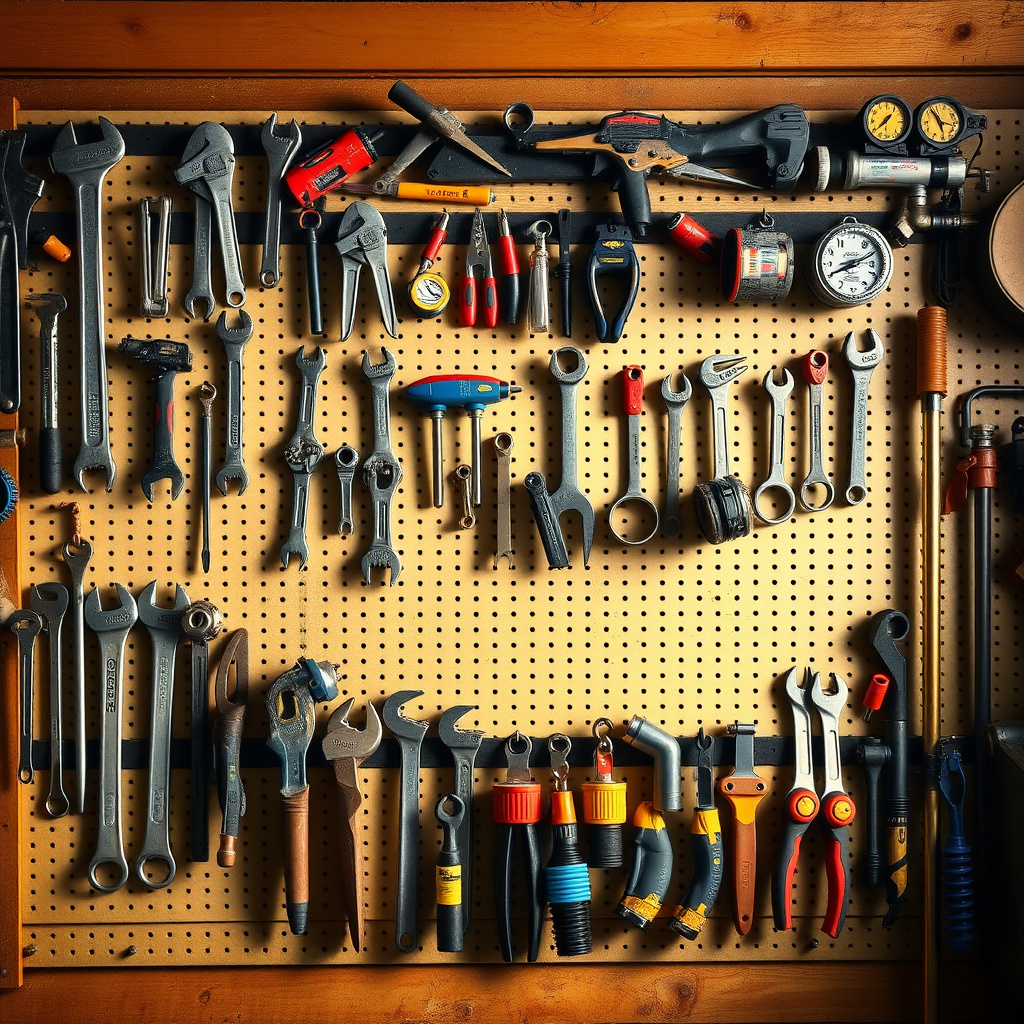 Organized workman tools for plumbing on a pegboard