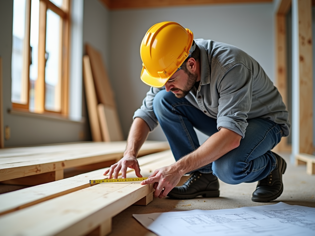 Worker measuring wood with tape measure