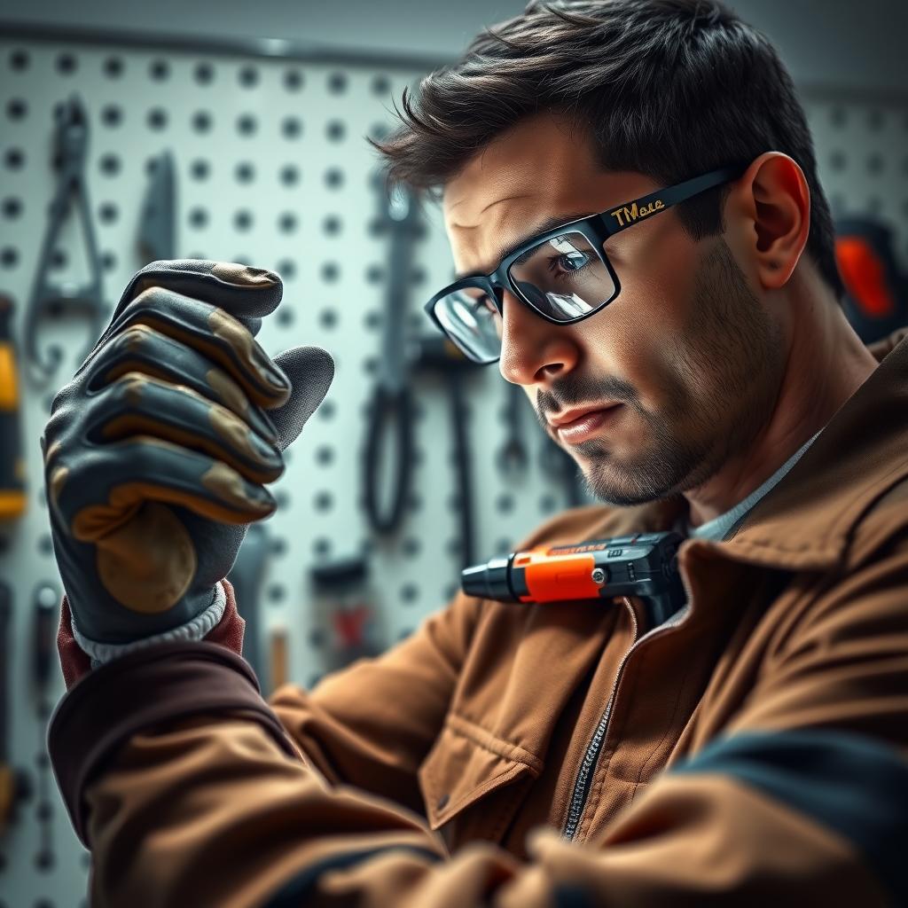 A person in safety gear inspecting a power tool battery in a garage.