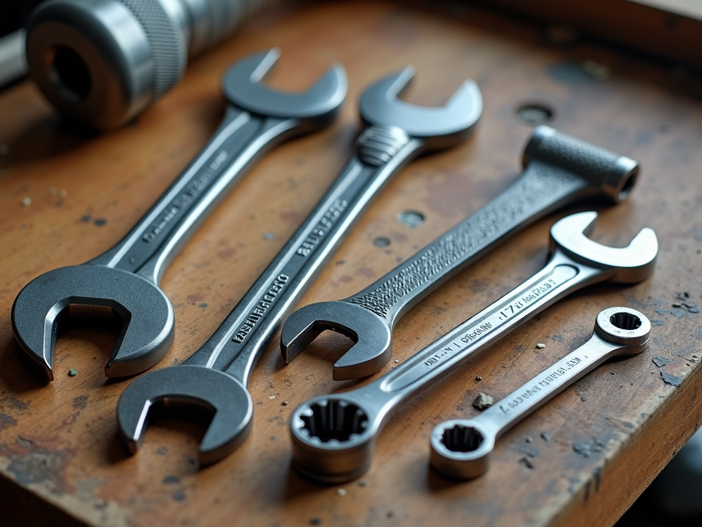 Various types of wrenches on a workbench