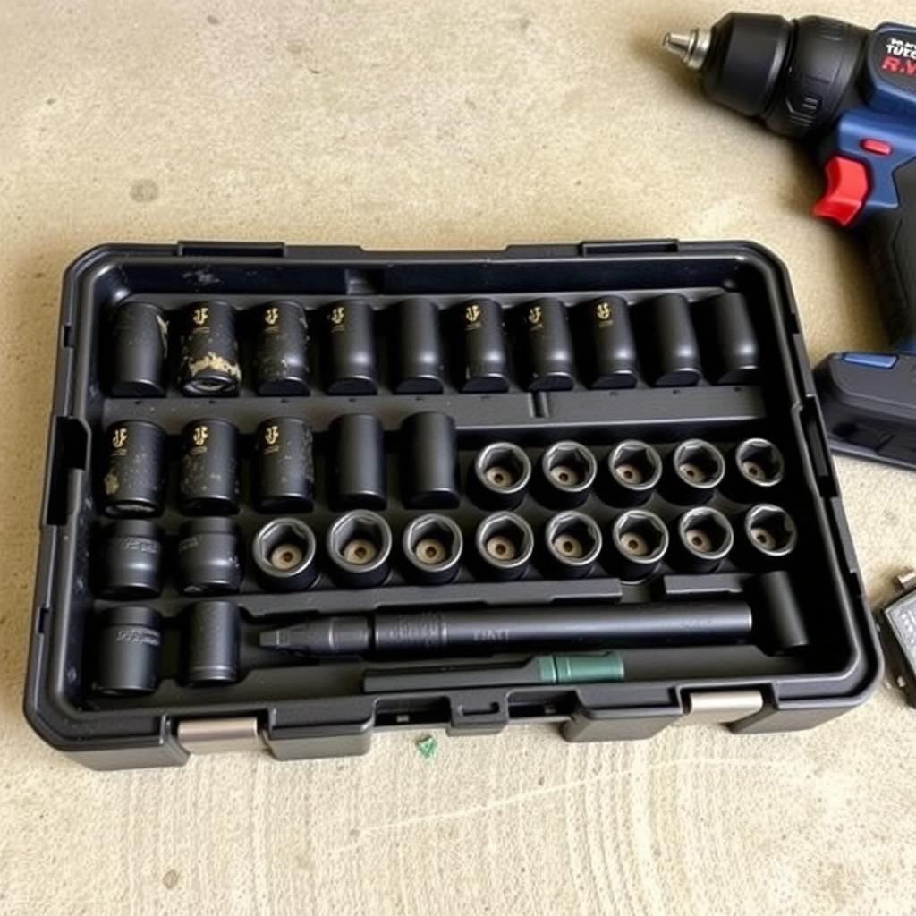 Impact socket set next to an impact wrench in a garage