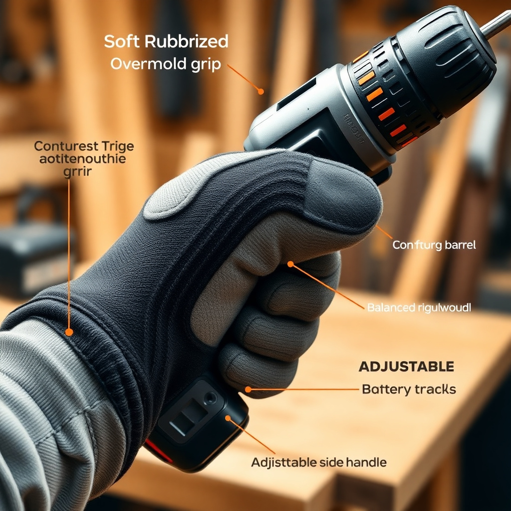 Hand holding an ergonomic power drill showcasing fatigue-reducing design elements