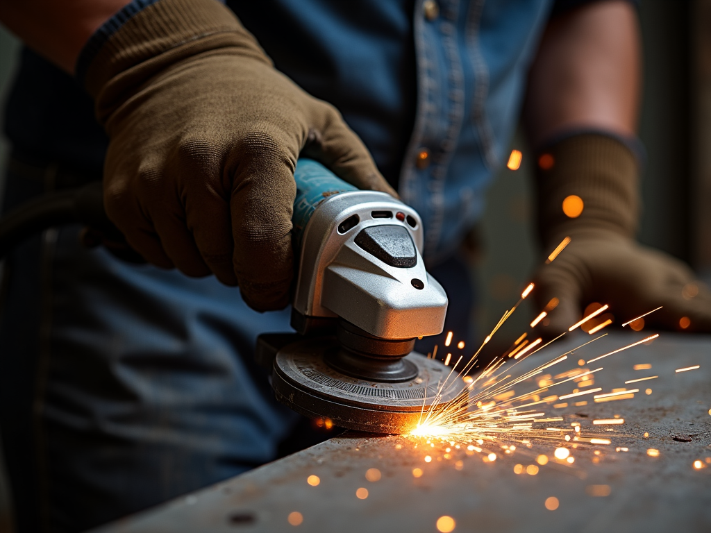 Image of a metalworker using an angle grinder.