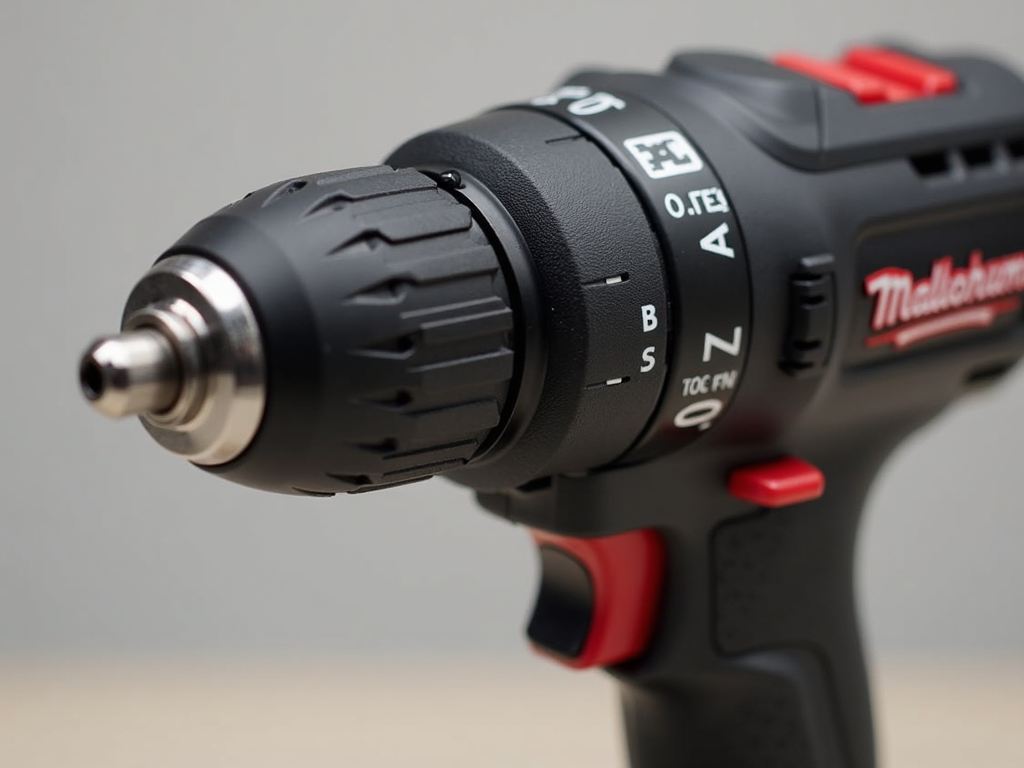 Detailed view of a power drill's key features.