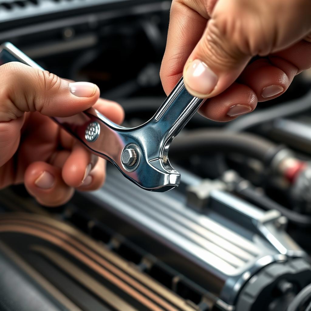 A mechanic’s hand using a chrome ratcheting wrench to tighten a bolt on a car engine.