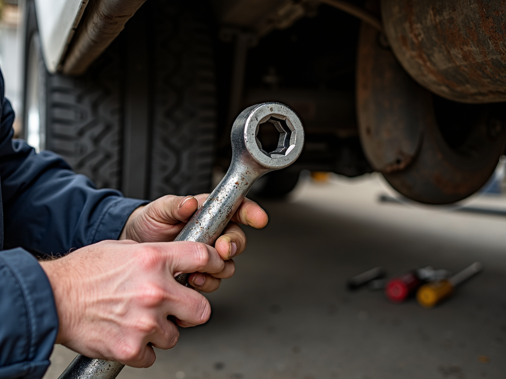 Mechanic using a socket wrench on a truck’s exhaust system.