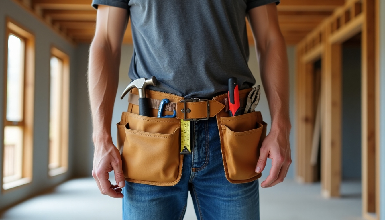Construction worker wearing a tool belt on site