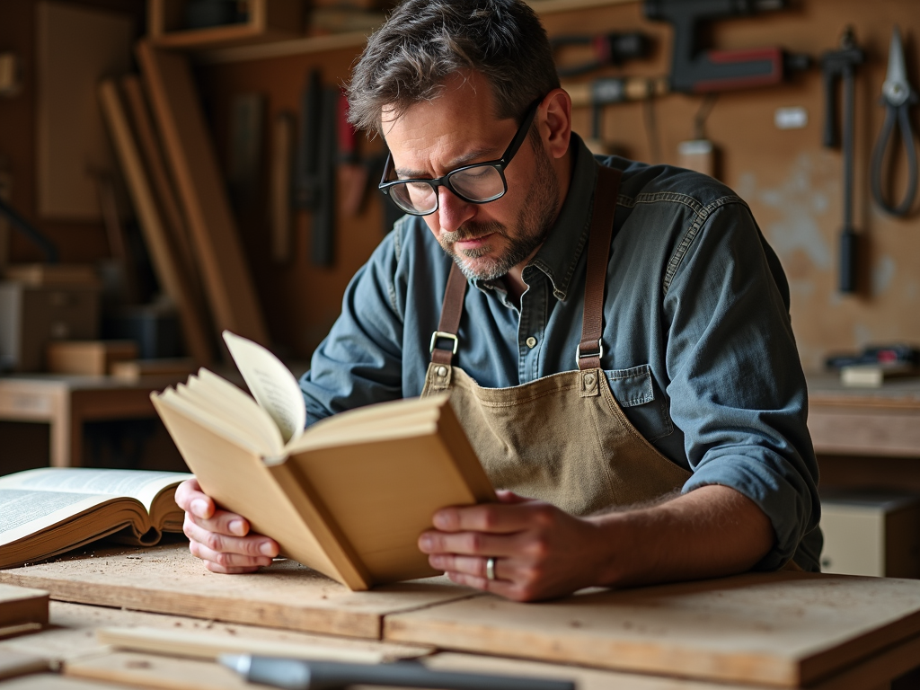 Woodworker reading a woodworking book