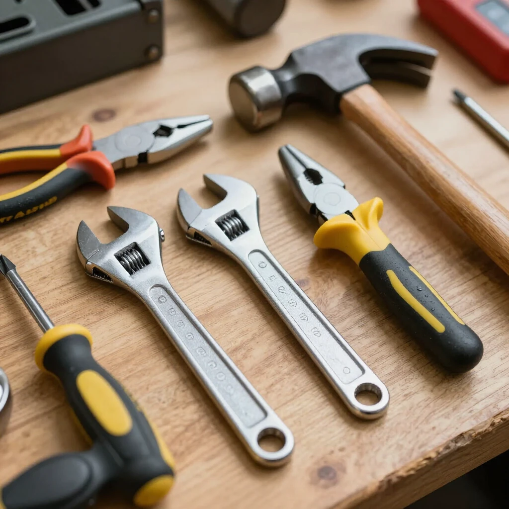 High-quality hand tools including wrenches arranged on a workbench
