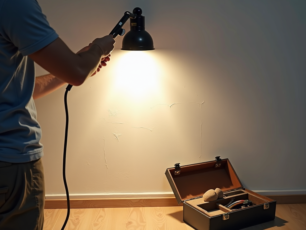A painter inspecting a wall with a light to ensure a perfect surface.