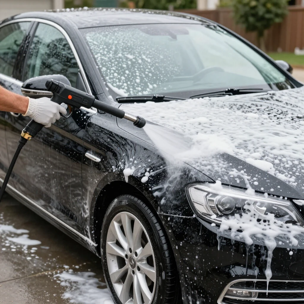 Person applying thick foam to a car using a foam cannon on a pressure washer