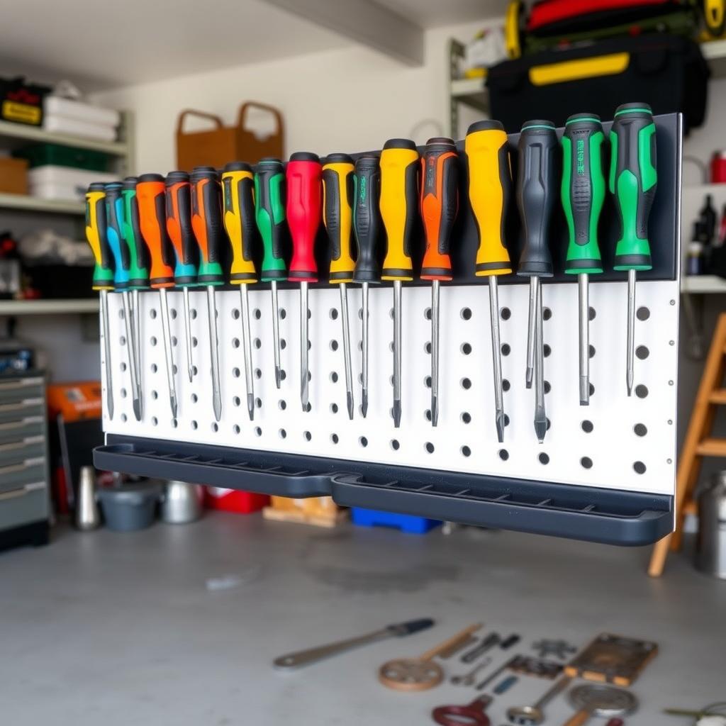 Wall-mounted tool rack with organized screwdrivers in a clean garage.