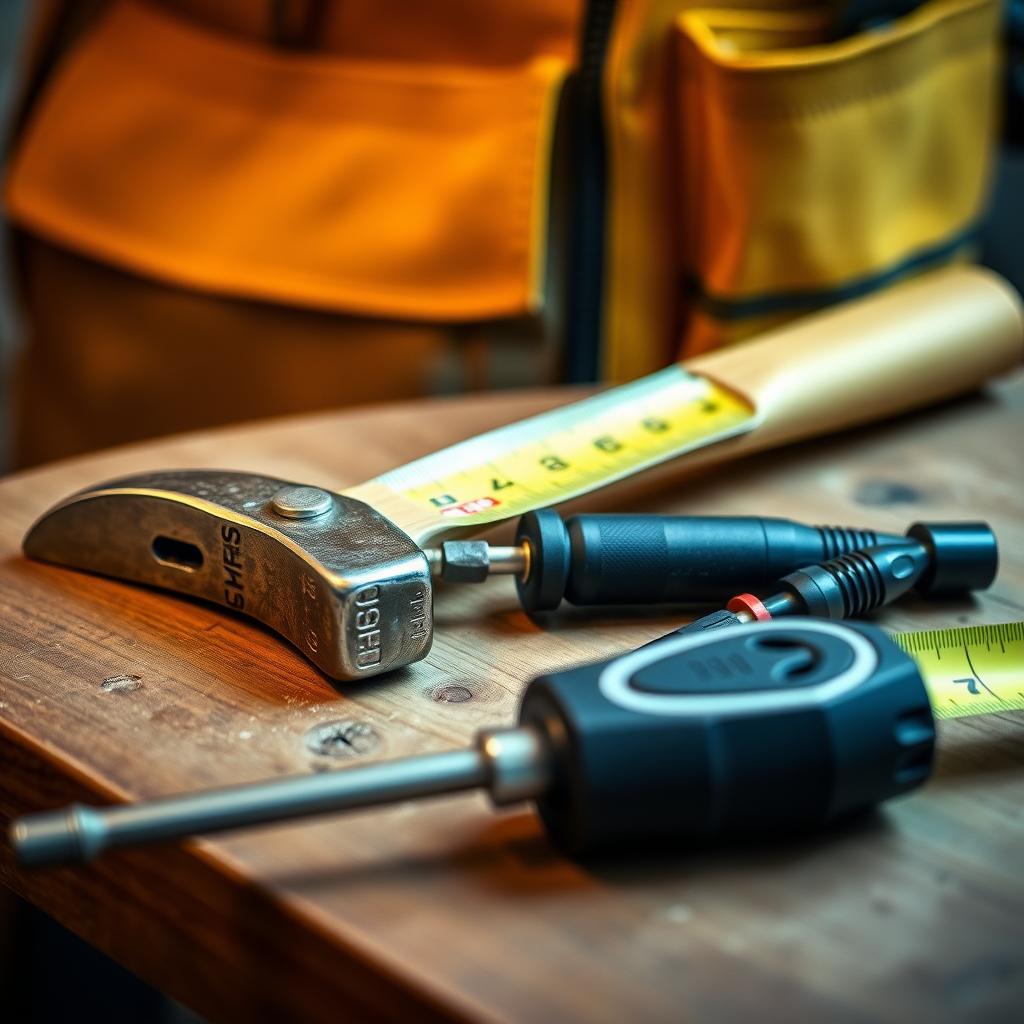 Close-up of a workbench with a hammer, screwdriver, and tape measure, with a tool belt in the background.