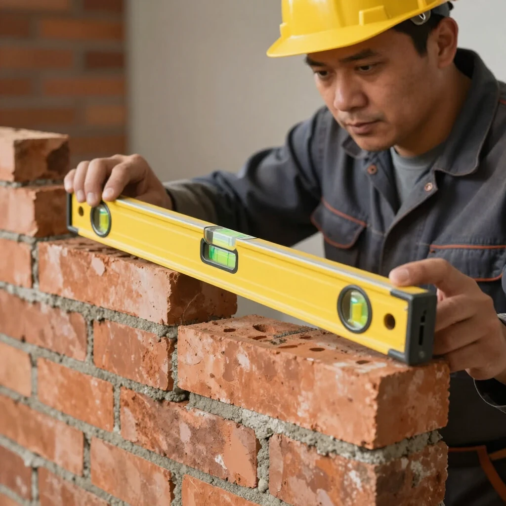 Mason using spirit level to check brick wall alignment
