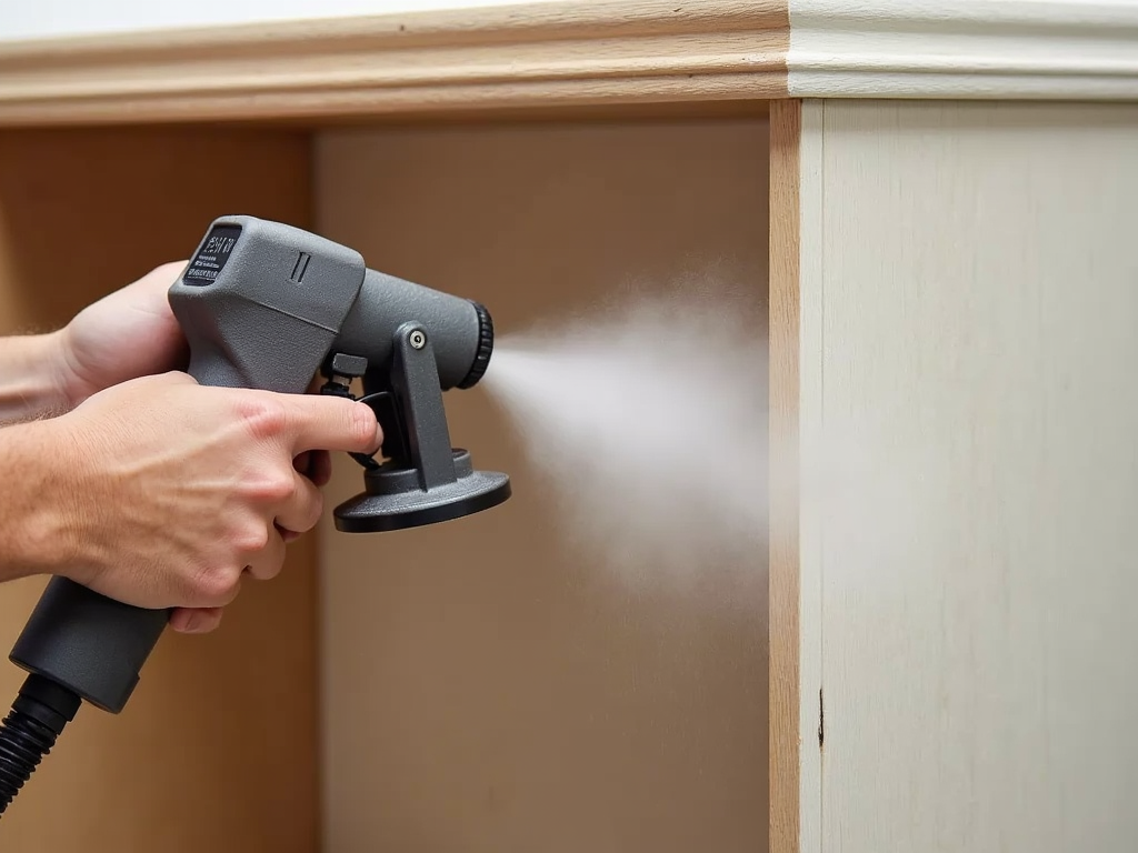 Fine finish paint sprayer on wooden cabinet
