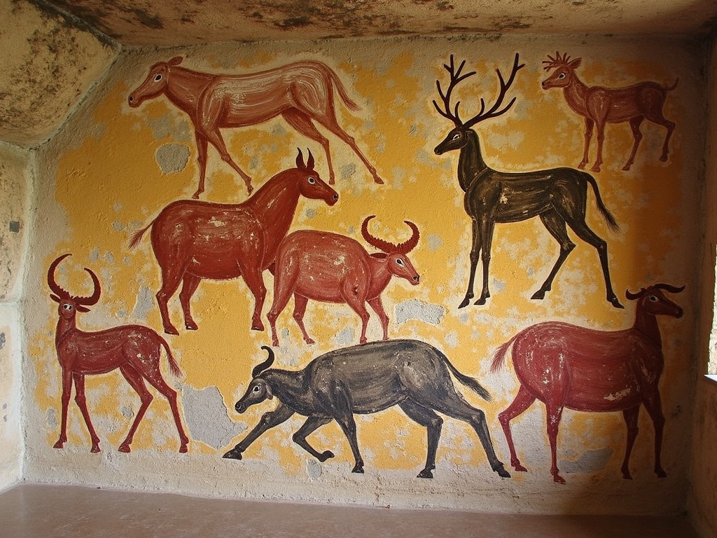 Prehistoric cave paintings from Lascaux, France, depicting animals in red, black, and yellow.