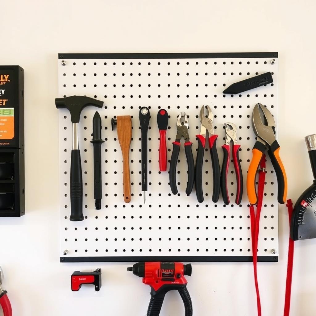 A pegboard with neatly arranged hand tools in a garage workshop.