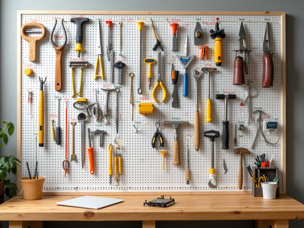 Pegboard with color-coded hooks and tool outlines in a workshop