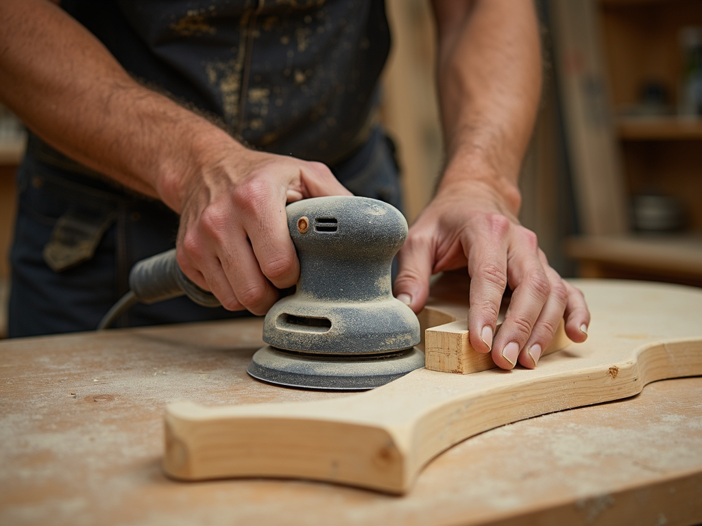 Woodworker sanding chair leg with orbital sander
