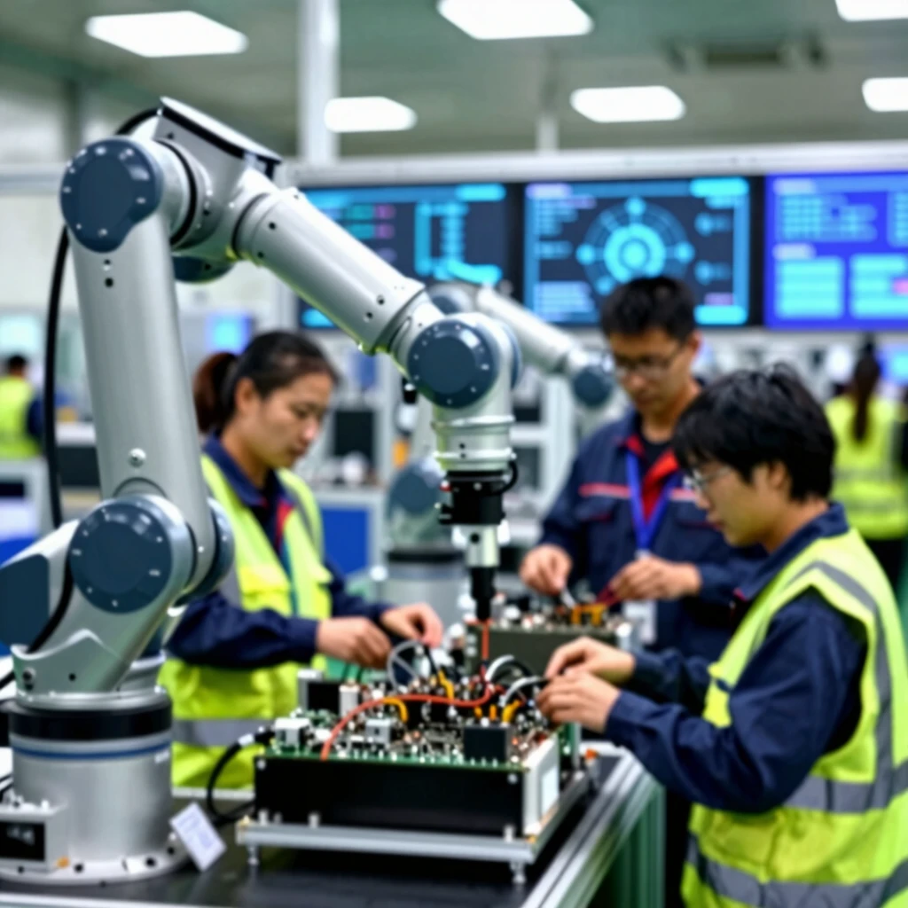 AI cobots assisting workers in a manufacturing assembly line
