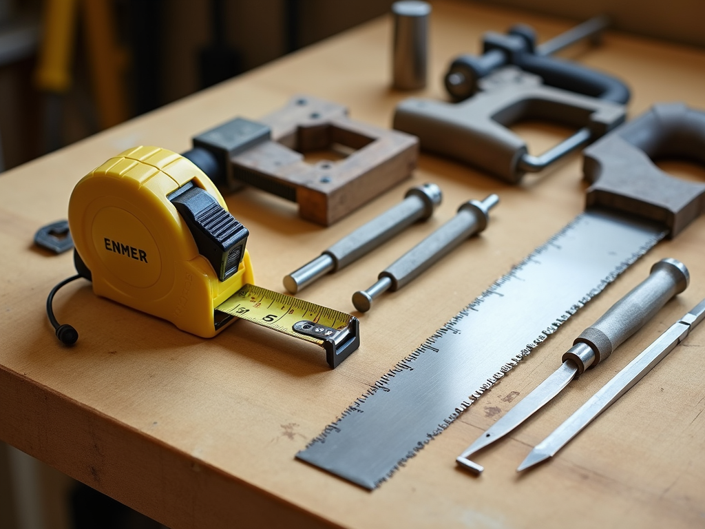 High-quality tools like a tape measure, handsaw, and screwdrivers on a workbench.