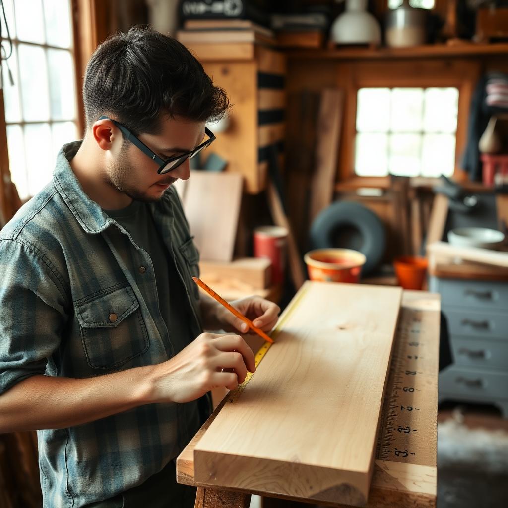 A beginner measuring wood for a DIY project in a workshop