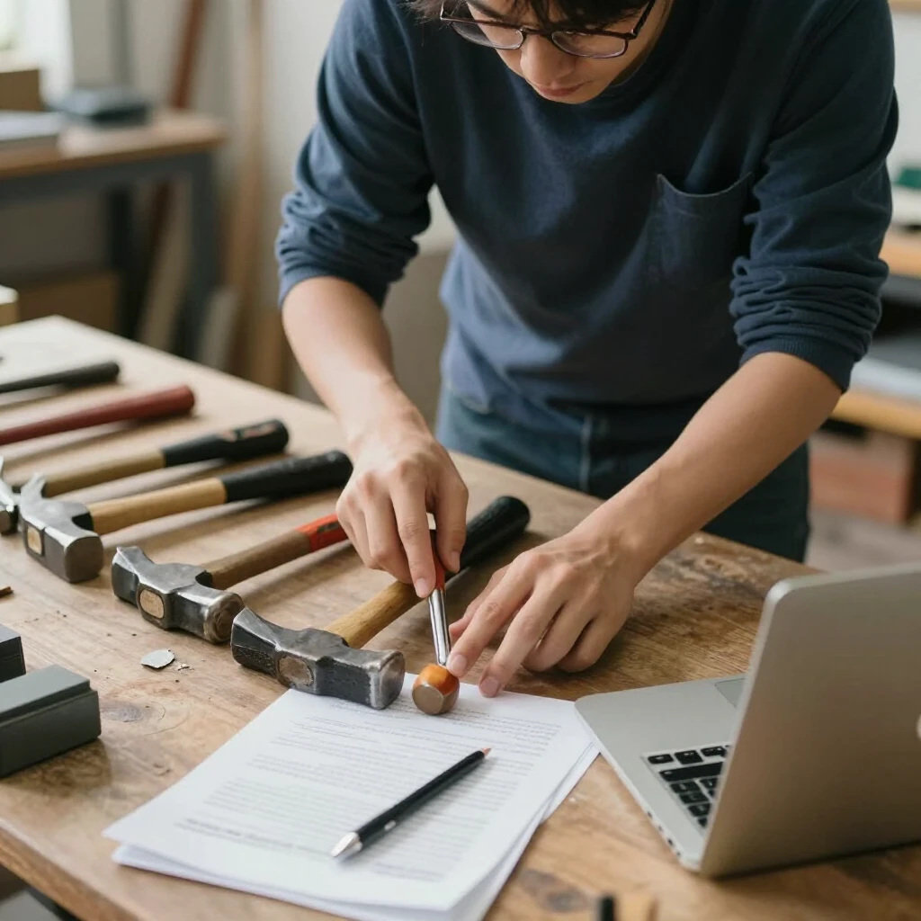 Person analyzing workman tools in a workshop