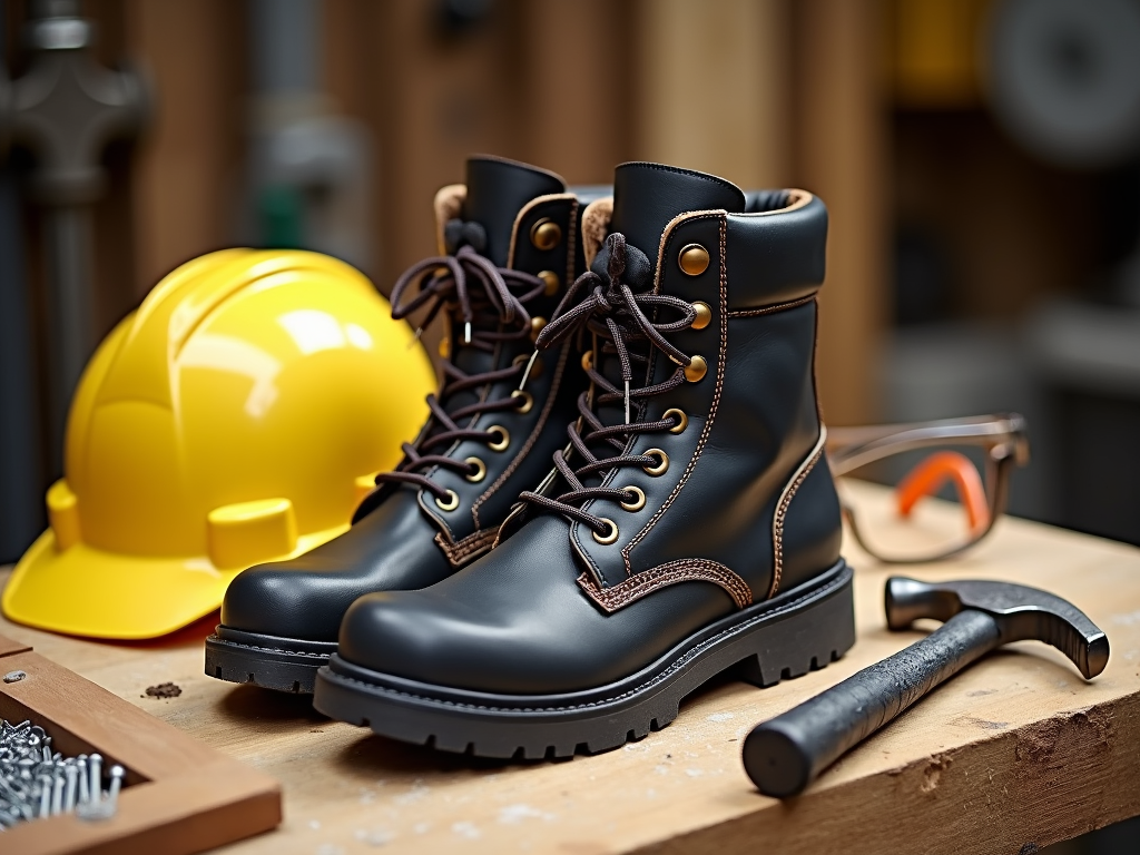Safety gear and tools on a workbench