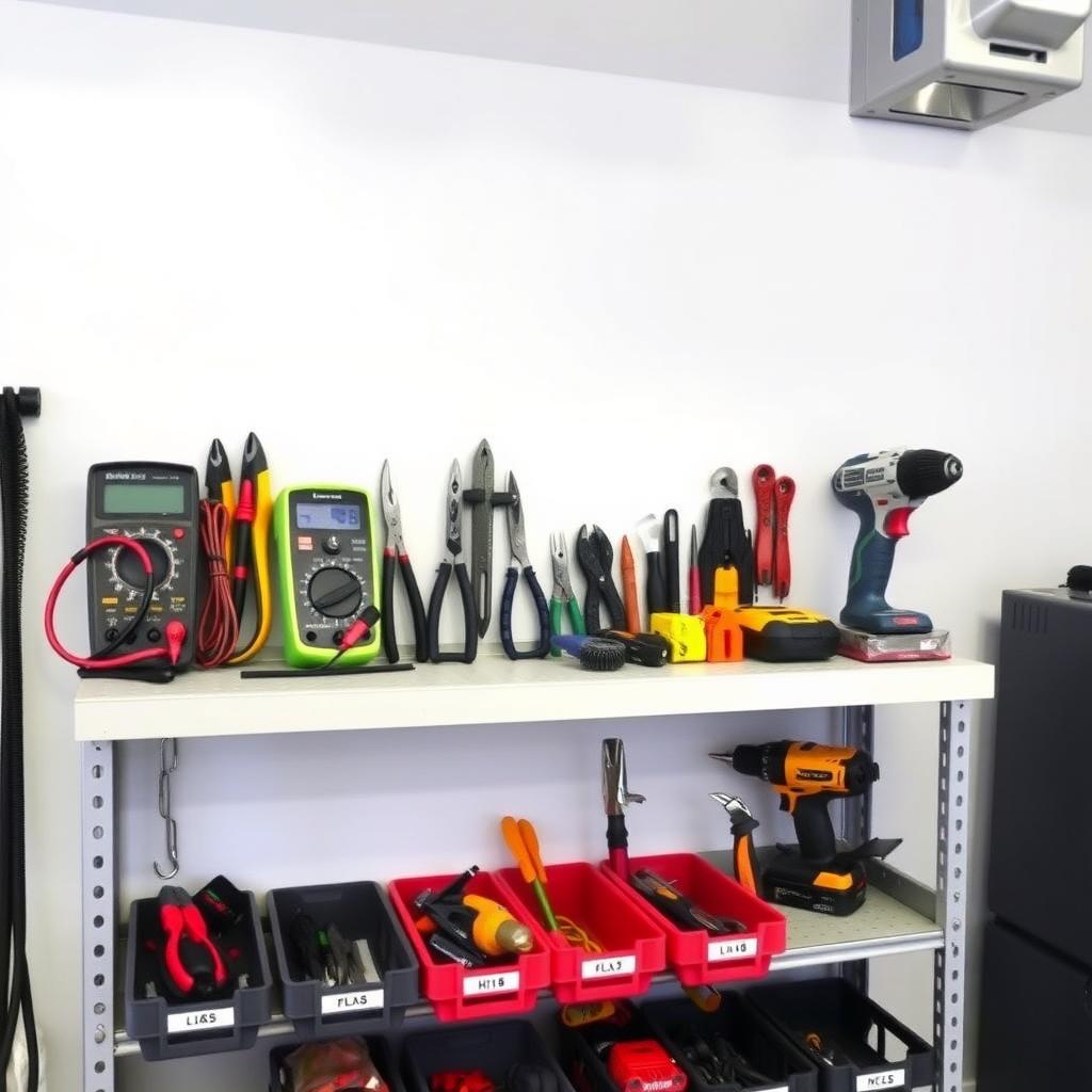 Organized tool shelf with electrical tools like a multimeter and pliers in a modern garage.