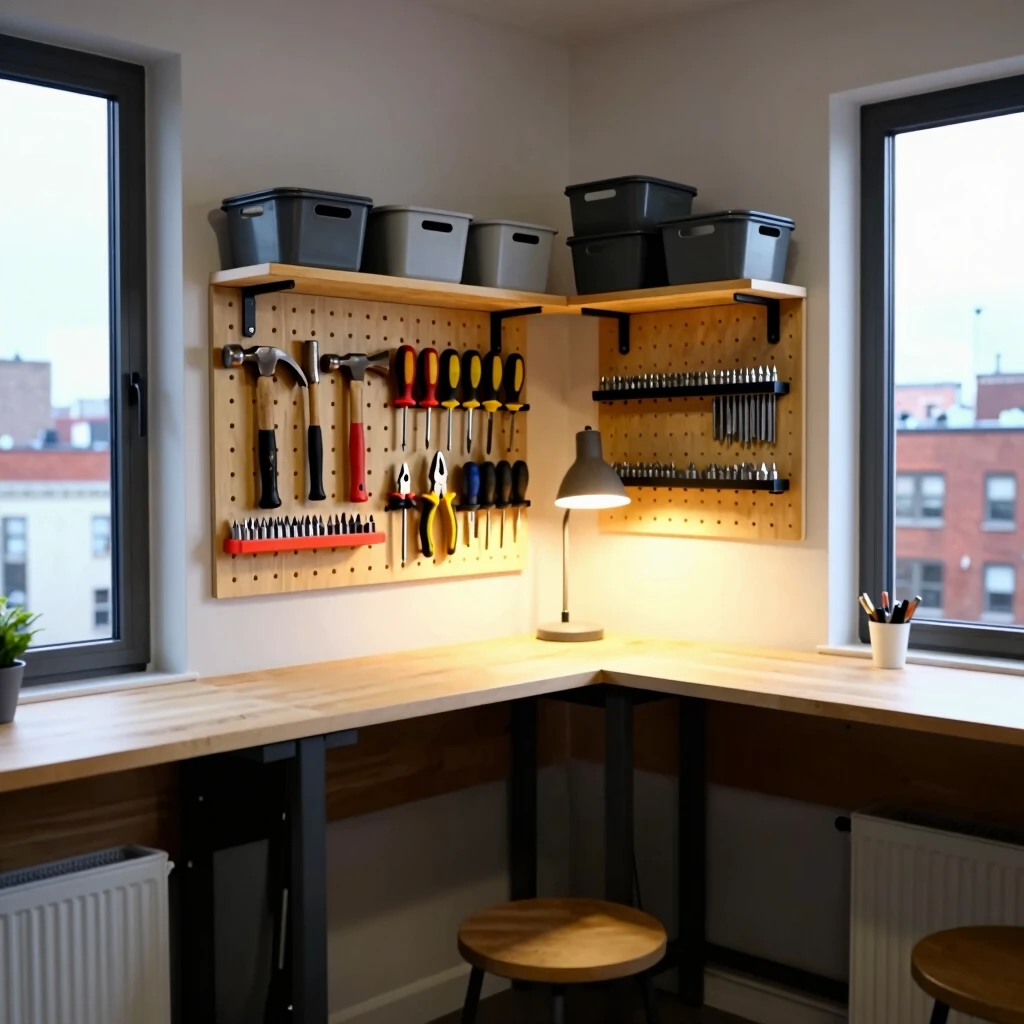 Apartment corner tool station with pegboard and magnetic storage