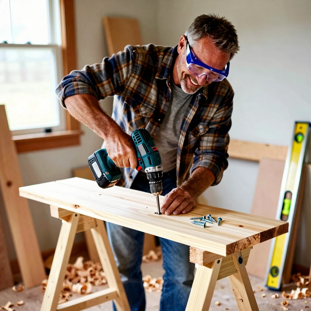 Assembling a DIY wall shelf using a power drill