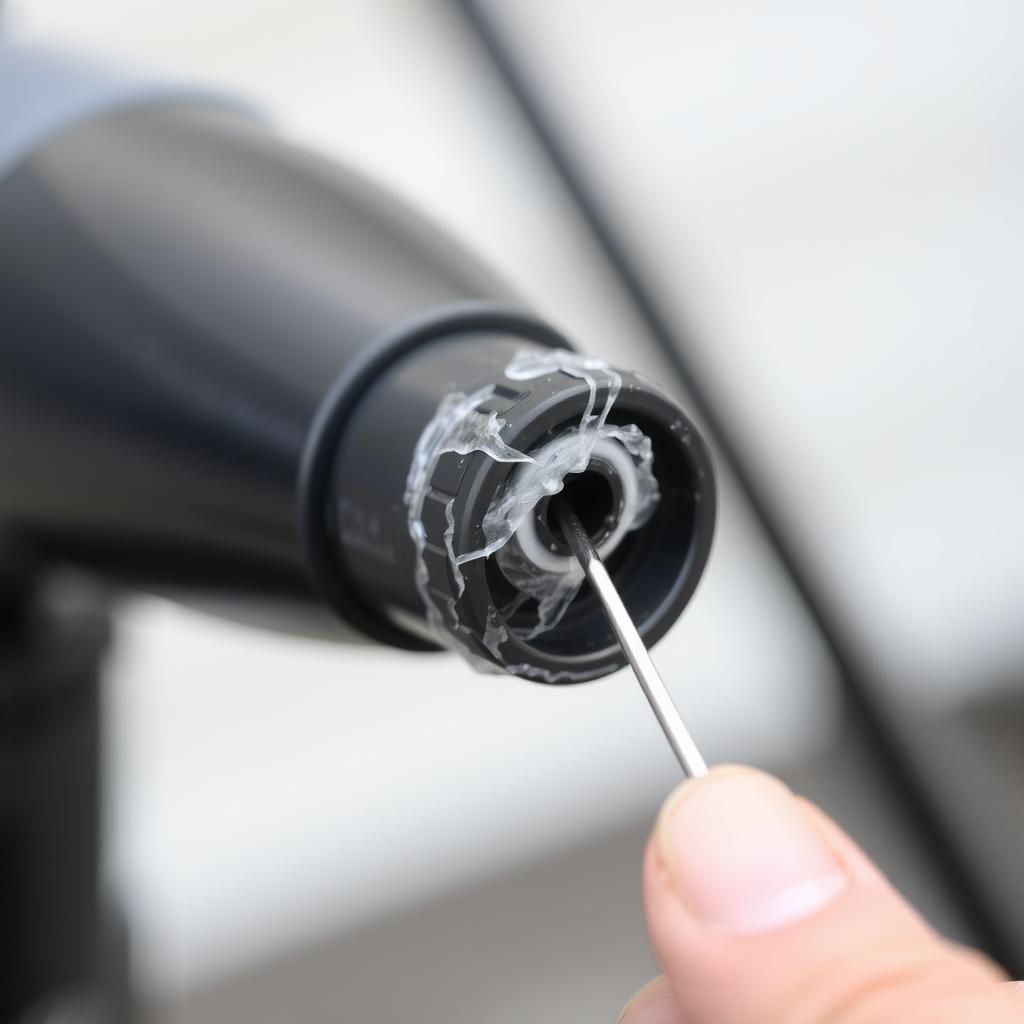 Cleaning a power washer nozzle with a pin.