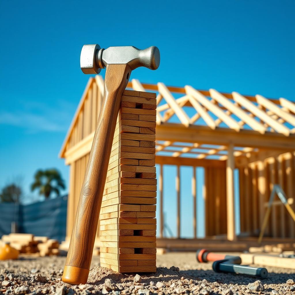 Framing hammer leaning against lumber on a construction site