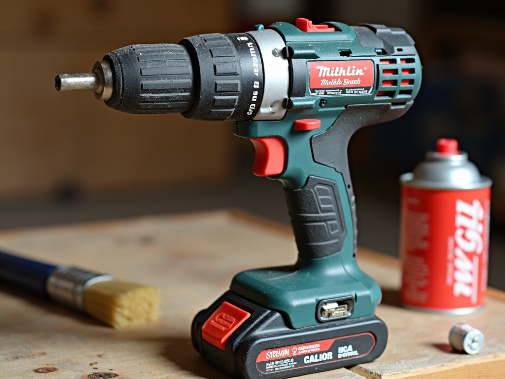 Cordless drill with maintenance tools, showing care in action.