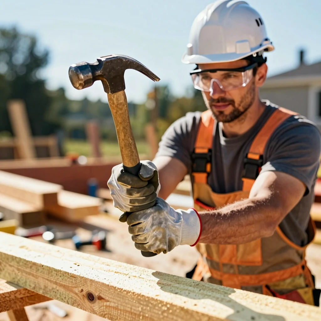 Construction worker using an ergonomic framing hammer on a job site