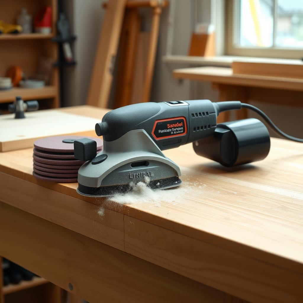 Random orbital sander on a workbench with sawdust and sandpaper