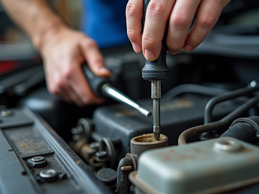 Mechanic using a Phillips screwdriver on a car engine