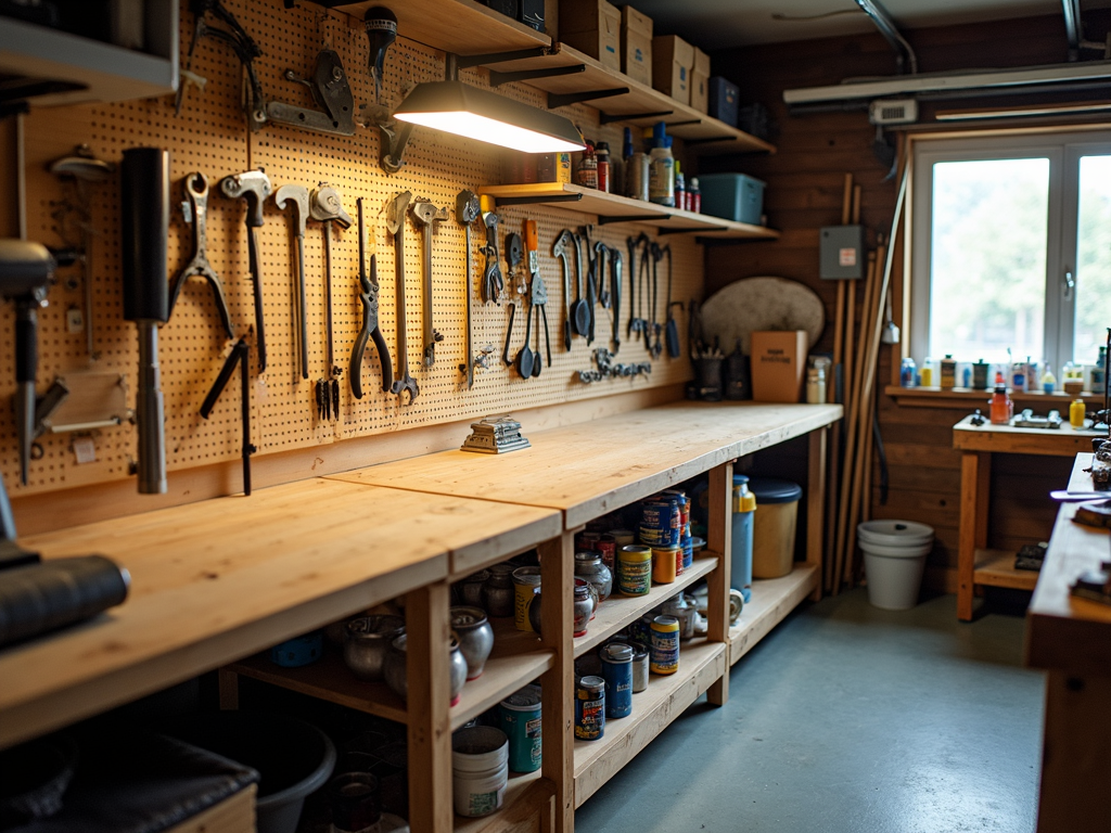 A clean, organized workshop with a sturdy workbench and neatly hung tools.