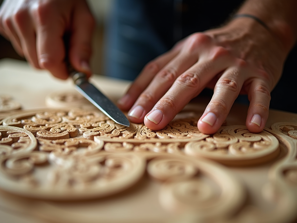 A craftsman skillfully using a chisel on a wooden piece.