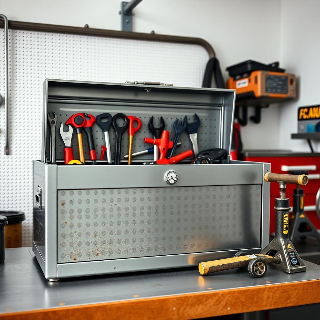 Steel toolbox with workman tools on a garage workbench