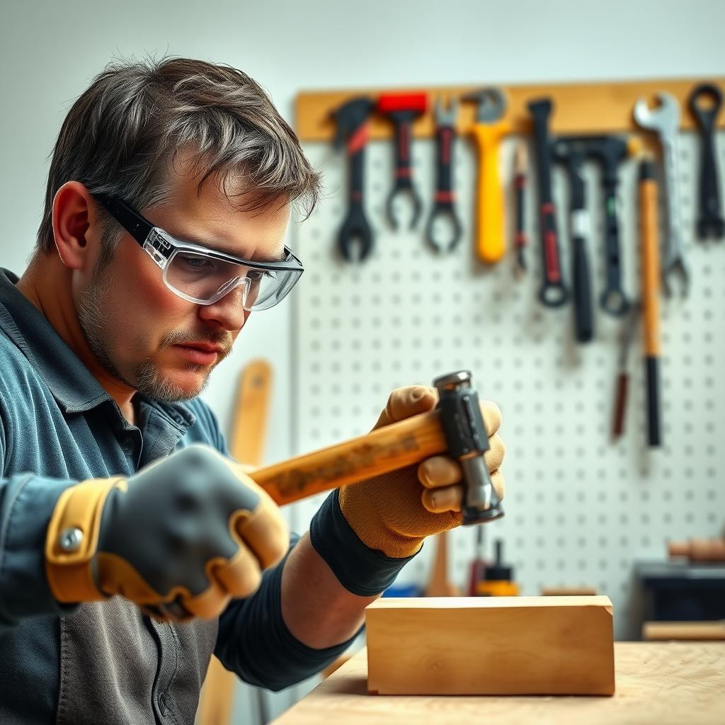 Person safely using a claw hammer in a workshop