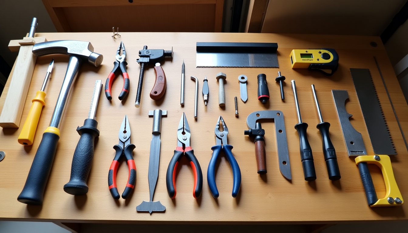Essential hand tools arranged on a workbench.