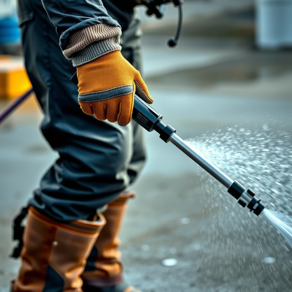 Essential safety gear including goggles, gloves, and boots for using a power washer