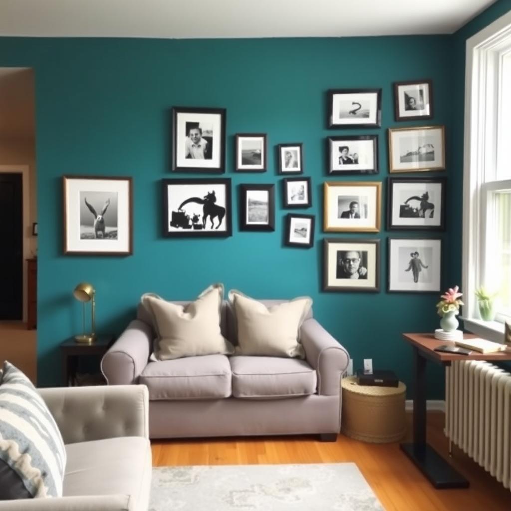 A cozy living room with a teal accent wall featuring a gallery of framed photos and artwork in a balanced grid.
