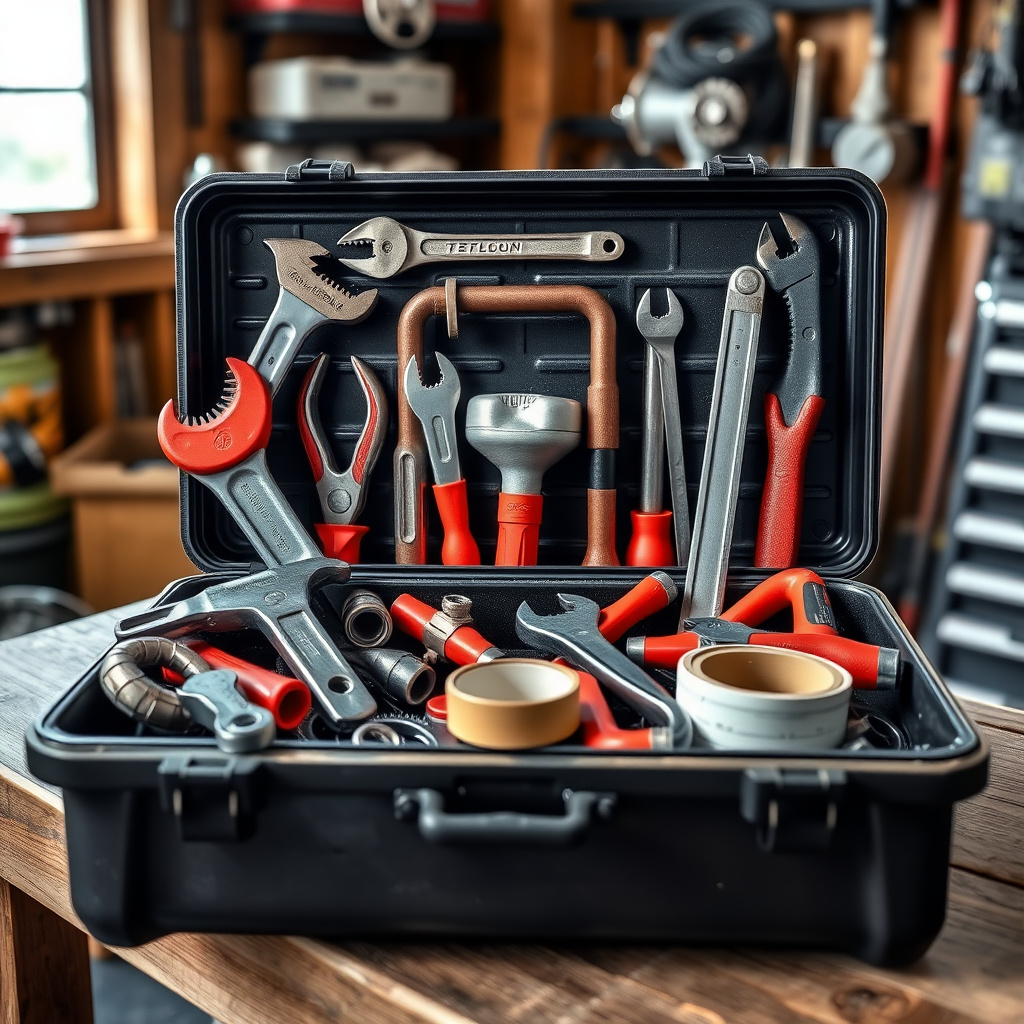 Assorted workman tools for plumbing in a toolbox