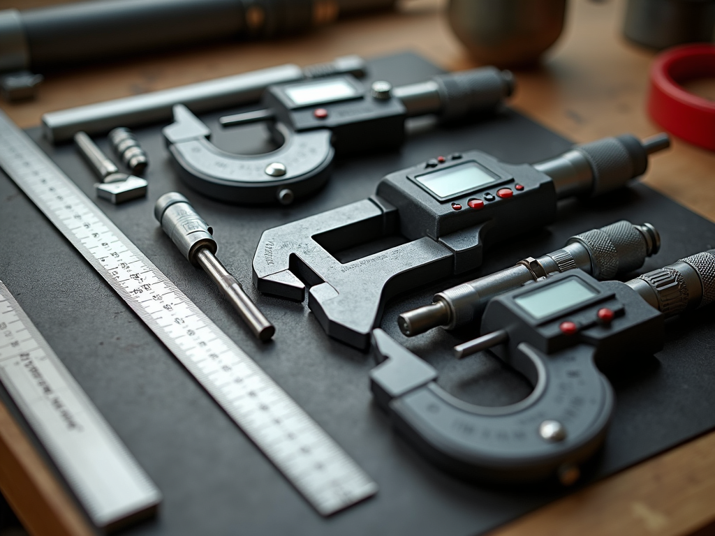 Precision measuring tools on a workbench.